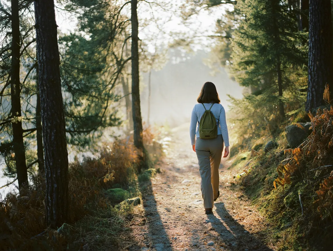 Person walking on a peaceful nature trail surrounded by trees